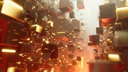 Abstract 3D representation of floating golden and red cubes with glowing particles.