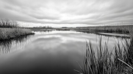 Serene black and white landscape photo of a calm lake reflecting a cloudy sky, surrounded by tall grasses and autumnal trees. : Generative AI