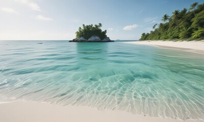 Fototapeta premium White sand beach, clear water, distant green island, sea, palm trees, sky