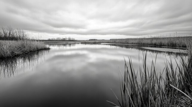 Serene black and white landscape photo of a calm lake reflecting a cloudy sky, surrounded by tall grasses and autumnal trees. : Generative AI