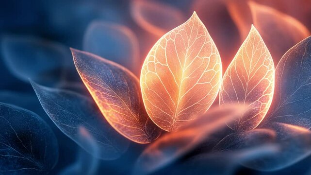 Glowing orange leaf floating in a blue misty atmosphere with gentle illumination