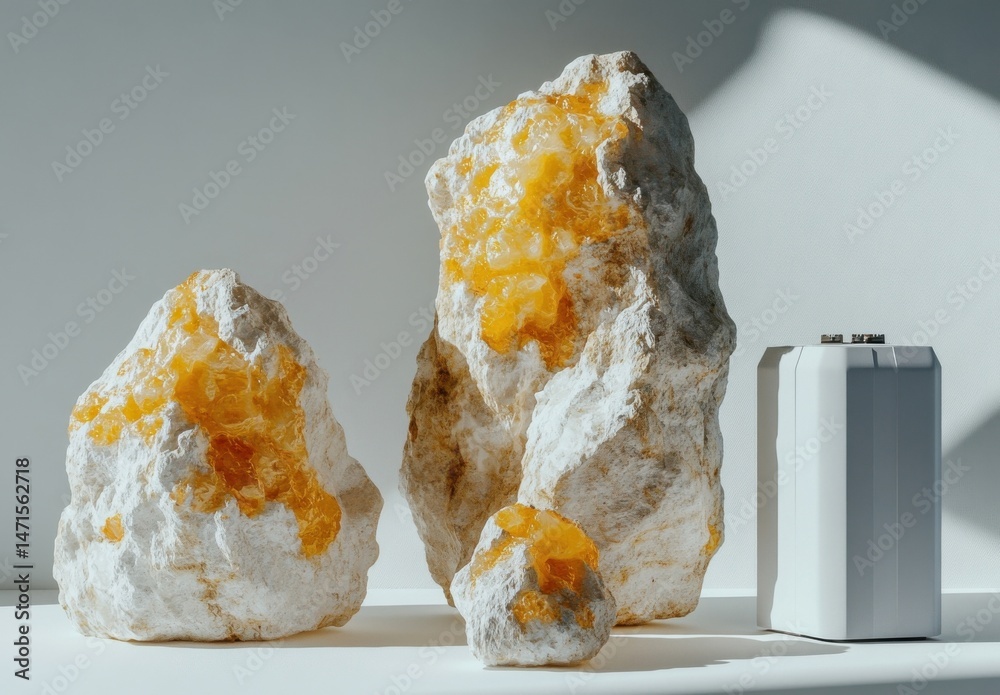 Leinwandbilder three textured rocks with amber-colored inclusions, positioned on a white surface next to a white ba