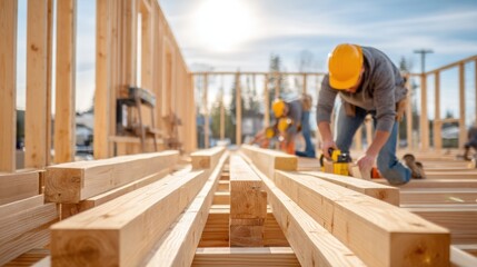 Construction workers assembling wooden beams at a new home building site, sunlight illuminating the scene. : Generative AI