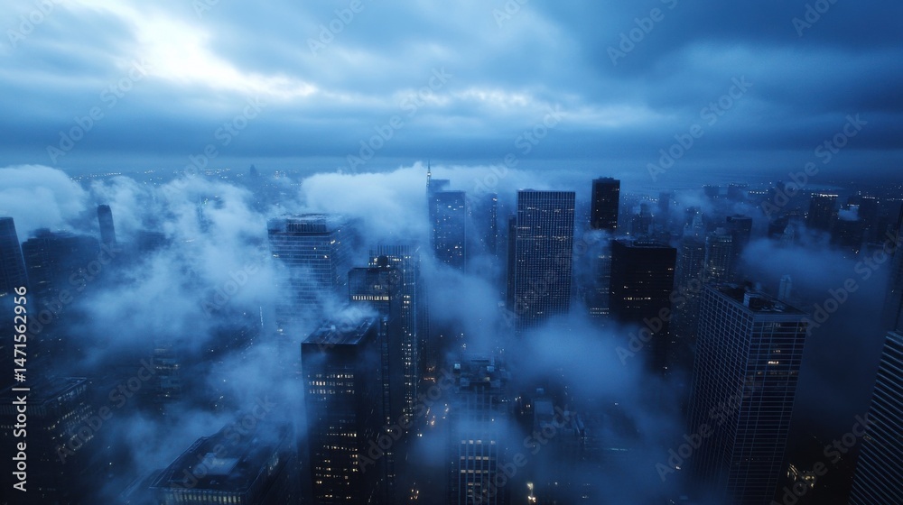 Leinwandbilder A city skyline shrouded in a thick layer of fog at twilight, with skyscrapers illuminated, creating a dramatic and moody atmosphere. : Generative AI