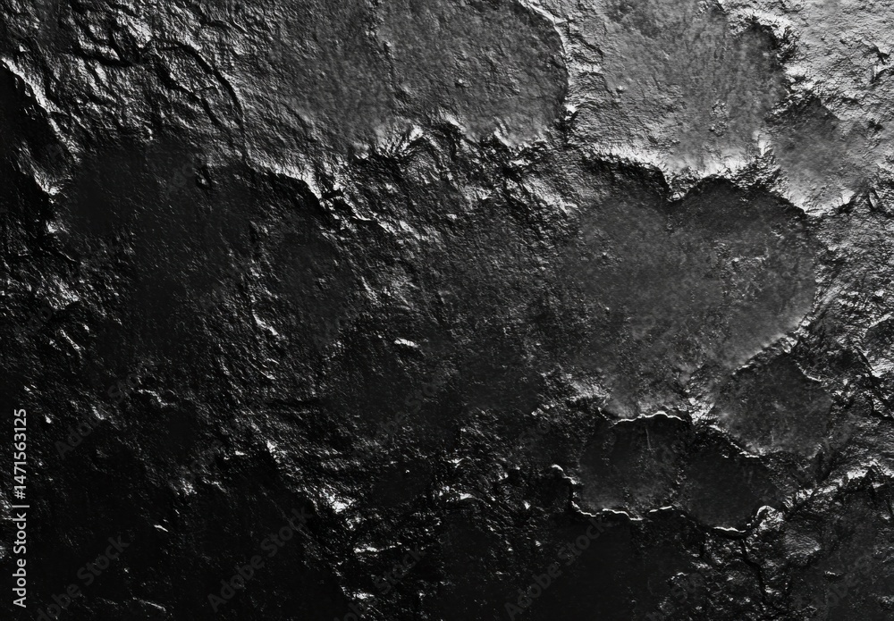 Poster Dark, textured surface resembling volcanic rock or metallic paint, showing deep crevices and uneven, rough texture with grayscale tones. : Generative AI