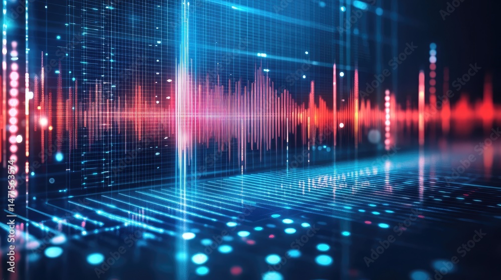 Poster abstract digital waveform visualization with glowing lines and data points