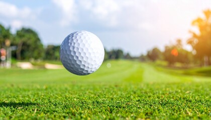 Obraz premium Small close up of flying golf ball in the air already been hit and flying in motion on the track