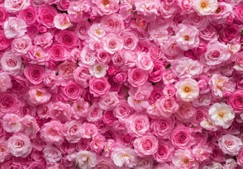 Naklejka premium A dense collection of pink roses creates a beautiful floral background, perfect for romantic designs or feminine branding. The image features many fully bloomed roses in varying shade : Generative AI