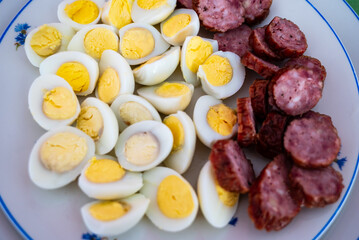 cooked hard boiled eggs and polish kielbasa 'sausage' traditional easter dish swiecona 'holy'