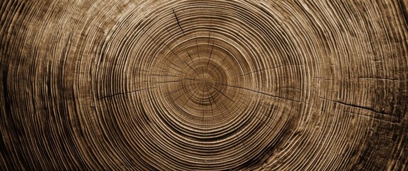 Fototapeta premium Detailed cross section of a tree trunk, showcasing concentric growth rings and radial cracks. The sepia tone enhances the wood's natural texture and age. : Generative AI