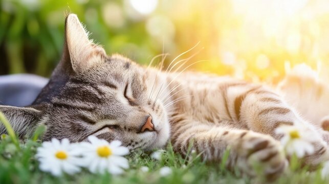 A tabby cat peacefully sleeps amidst blooming daisies in a sun-drenched garden, enjoying a tranquil afternoon nap. : Generative AI