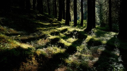 Obraz premium Sunlight through trees casts beautiful patterns on the forest floor