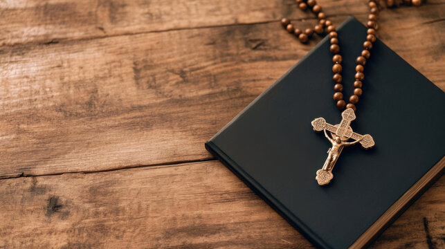 Wooden rosary beads and crucifix rest on a dark book, atop a rustic wooden surface.  The scene evokes feelings of faith, prayer, and contemplation. : Generative AI