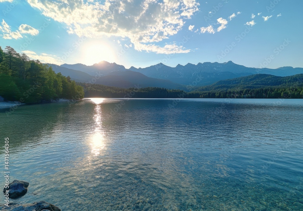 Poster serene alpine lake reflecting sunset, with crystal clear water and a mountain range backdrop under a