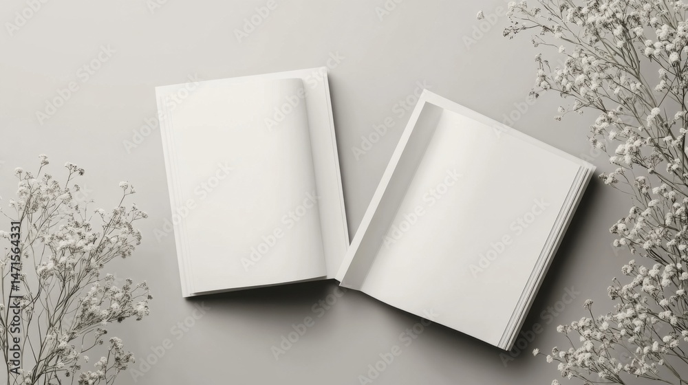Poster two blank notebooks lay open on a gray surface, surrounded by delicate white gypsophila flowers, cre