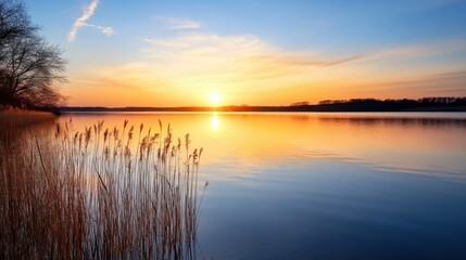 Obraz premium Serene sunset over a calm lake, reflecting golden hues in the tranquil water, with tall reeds silhouetted against the vibrant sky. : Generative AI