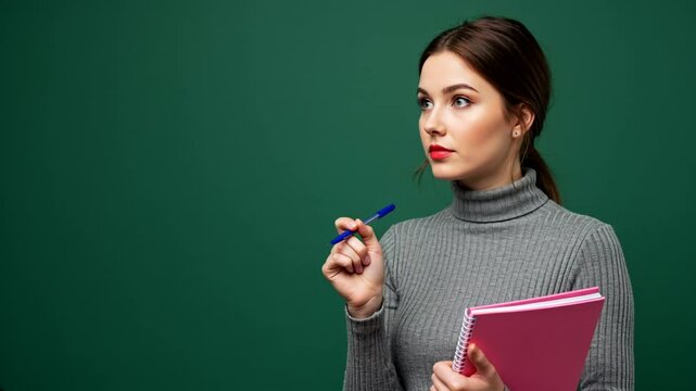 A young woman in a gray turtleneck holds a pink notebook and a pen, looking thoughtfully to the side