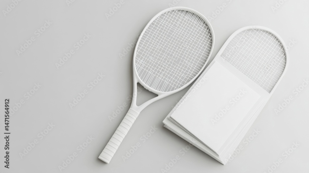 Poster a pristine white tennis racket rests beside a stack of blank white papers, offering a clean and mini
