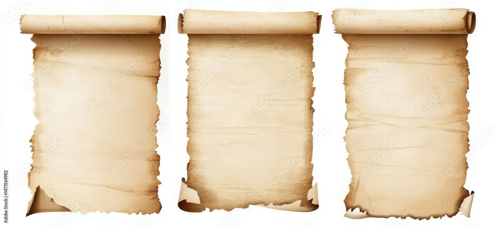 Poster three aged parchment scrolls, rolled and unfurled, isolated on white, offering a vintage texture and