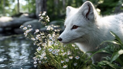 Arctic fox with striking orange eyes, delicately sniffing wildflowers near a tranquil stream in a lush forest setting.  Sunlight filters through the canopy, illuminating the scene. : Generative AI