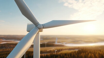 Close-up view of a wind turbine blade against a scenic sunset landscape, showcasing clean energy and renewable resources in a rural setting. : Generative AI