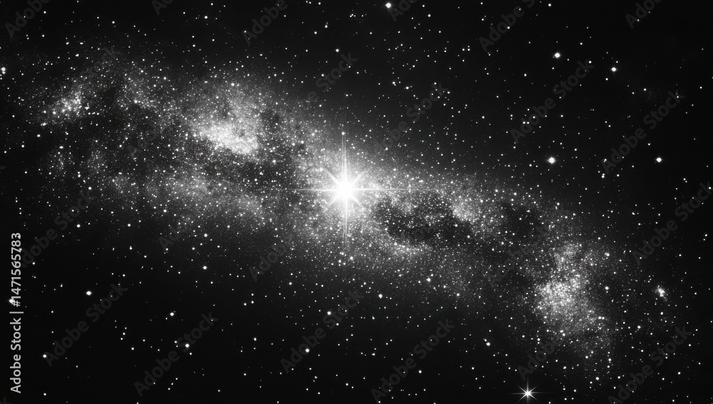 Poster a mesmerizing monochrome image depicting a celestial river of stars and cosmic dust, a bright star a