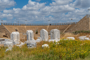 Architectural features with the Roman Amphitheater in the background Caesarea National Park in...