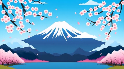 Mt Fuji with cherry blossoms, and spring.