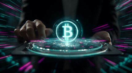 Holographic Bitcoin symbol above a tablet, hands interacting, surrounded by dynamic light streaks.  Represents digital currency, technology, and finance