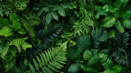 Fototapeta premium Lush Green Tropical Foliage Background: A vibrant, dense collection of various ferns, leaves, and plants creates a rich, textured backdrop ideal for nature-themed designs. : Generative AI