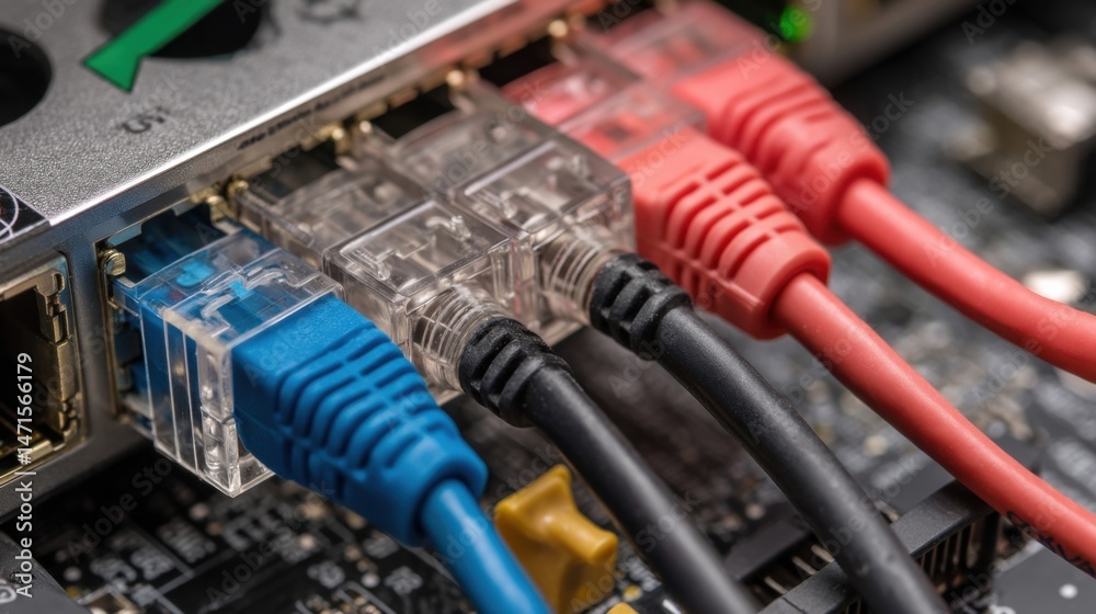 Poster close-up of network cables plugged into a server's ethernet ports, showcasing blue, black, and red c