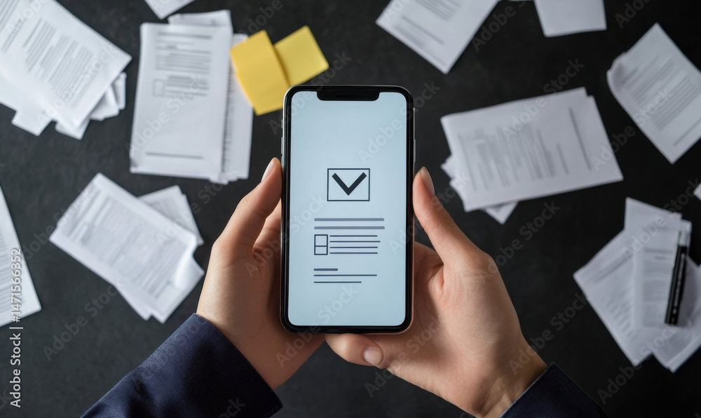 Aufkleber person reviewing checklist on smartphone amidst scattered paperwork, suggesting task management or p