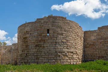 Part of an ancient tower at the Ancient ruins of Caesarea at the edge of the Mediterranean Sea in Caesarea, Israel.
