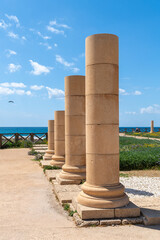 Columns in the ancient ruins of Caesarea at the edge of the Mediterranean Sea in Caesarea, Israel.

