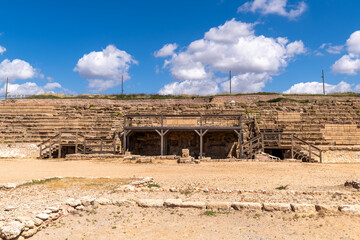 The VIP seating area of the hippodrome at Caesarea National Park in Israel.
