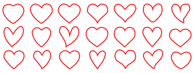 Set of hearts in Red color, Red heart icons set vector, Set of 21 hearts of different shapes for web. Heart collection, vector illustration.