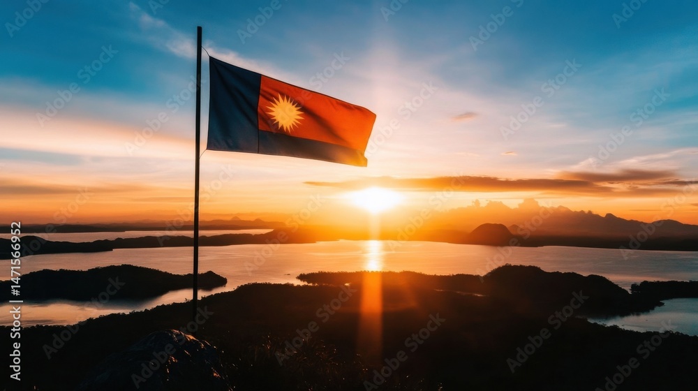 Poster a vibrant sunrise illuminates a flag waving atop a mountain overlooking a serene lake and distant is