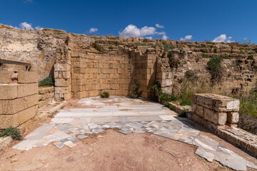 Ancient ruins of Caesarea at the edge of the Mediterranean Sea in Caesarea, Israel.
