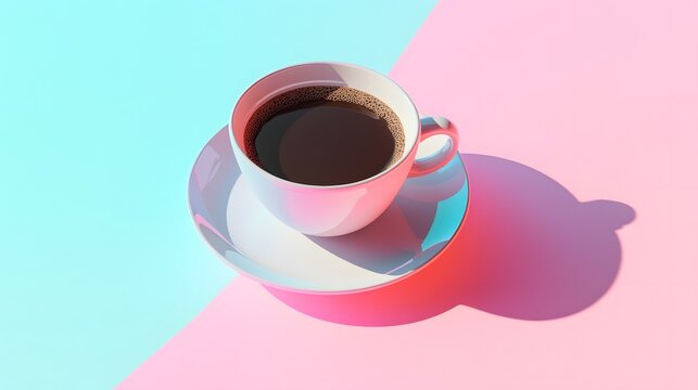 A steaming cup of espresso coffee sits on a saucer against a vibrant pink and blue gradient background, showcasing a pop art aesthetic perfect for cafe menus or social media posts.