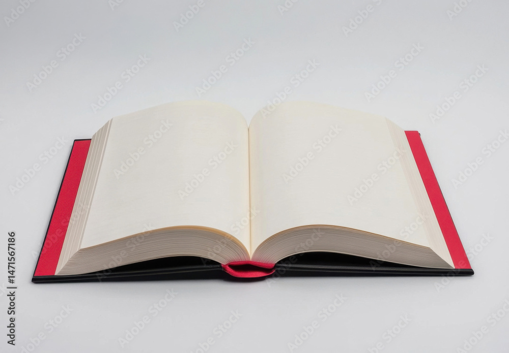 Poster open book with blank pages, red and black cover, lying flat on a white surface. perfect for showcasi