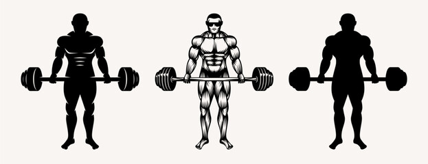 Full-length powerlifter standing with a barbell. illustration in style engraving and silhouette. Isolated black print on white background