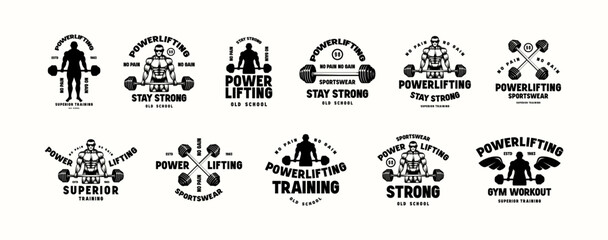 Set of emblems with powerlifter silhouette. Gym, workout, bodybuilding and athletic  theme. Graphic design for t-shirt. Black print on white background