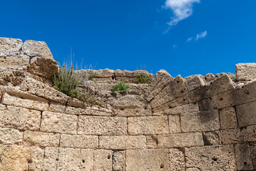 Ancient ruins of Caesarea at the edge of the Mediterranean Sea in Caesarea, Israel.
