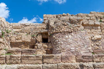 Ancient ruins of Caesarea at the edge of the Mediterranean Sea in Caesarea, Israel.
