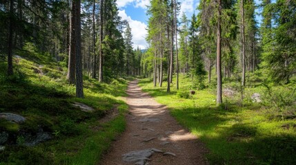 Fototapeta premium Sunlit path winding through a lush, green pine forest, dappled sunlight filtering through the trees, creating a serene and peaceful atmosphere. : Generative AI