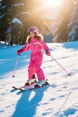 skier in pink snow suit skiing down a snowy slope
