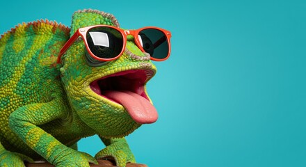 Obraz premium A Green Chameleon With An Open Mouth Tongue Out And Red Sunglasses Against A Blue Background