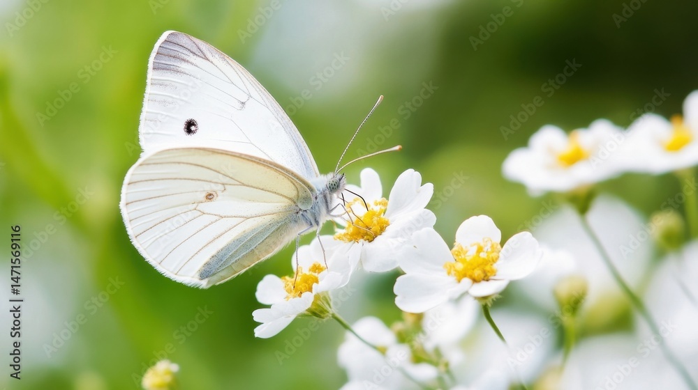 Fototapete a delicate white butterfly rests gently on a cluster of pristine white flowers, its wings displaying