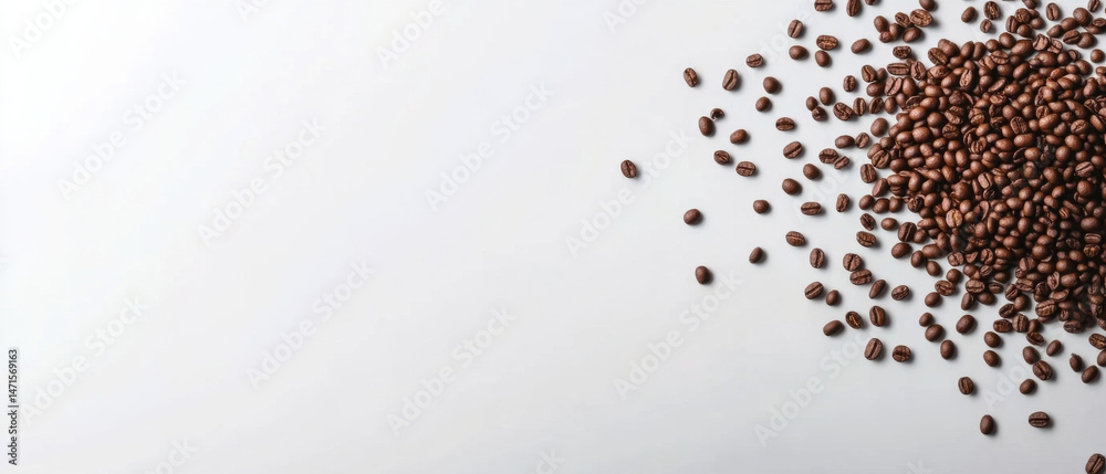 Aufkleber Roasted coffee beans scattered on a white surface, creating a visually appealing composition with copy space. Ideal for coffee-related branding or culinary themes. : Generative AI