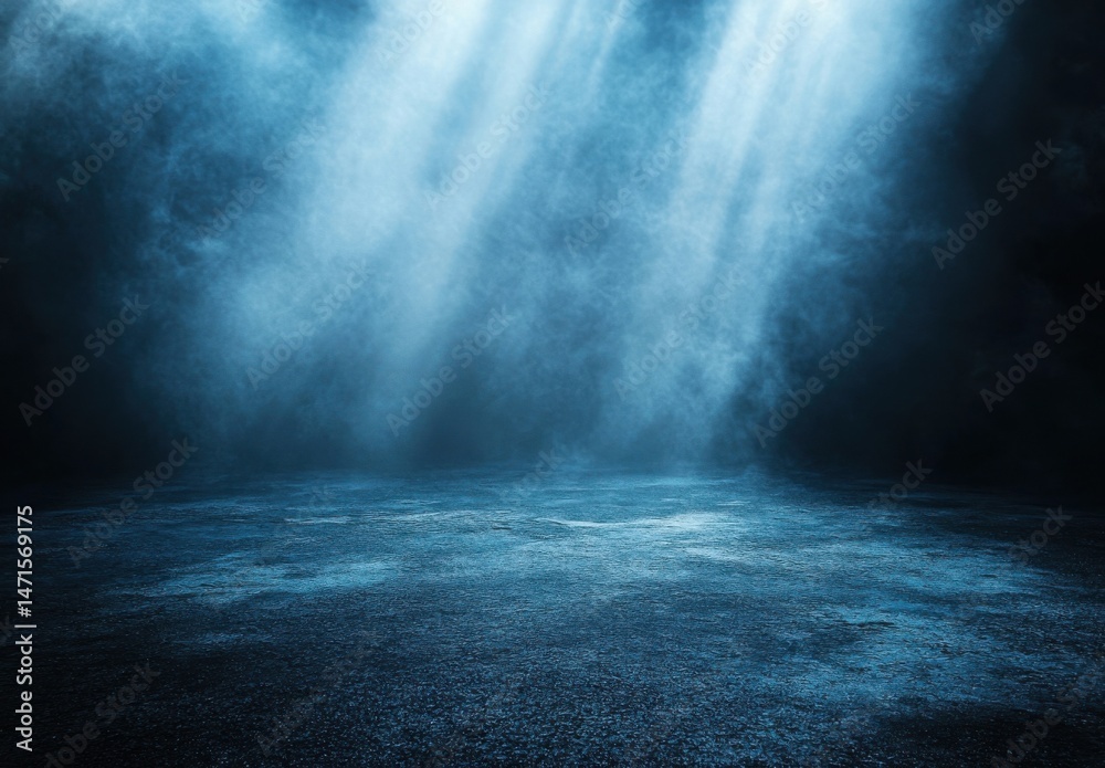Poster moody blue atmospheric scene with textured ground and dramatic lighting, ideal for product display o